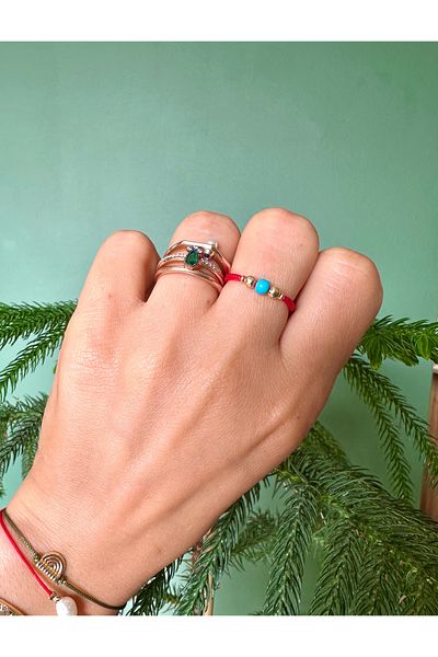 Atelier Çağla Natural Turquoise Stone Red Adjustable String Ring