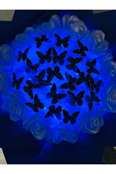 HediyeSepetim Kelebek buketi,solmayan gül buketli mavi ledli,sevgiliye hediye