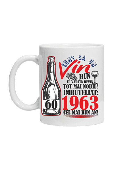 OEM Cană albă personalizată „Un vin bun 1963” 60 de ani, INOVATIX®. 330ml