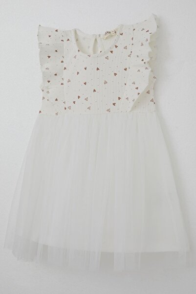 Breeze Kız Bebek Elbise Kalp Desenli Tüllü Fırfırlı 9 Ay-3 Yaş, Ekru