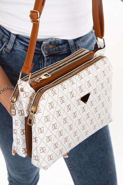 Newish Polo Geantă de umăr încrucișată cu curea lungă cu model monogramă pentru femei – albă