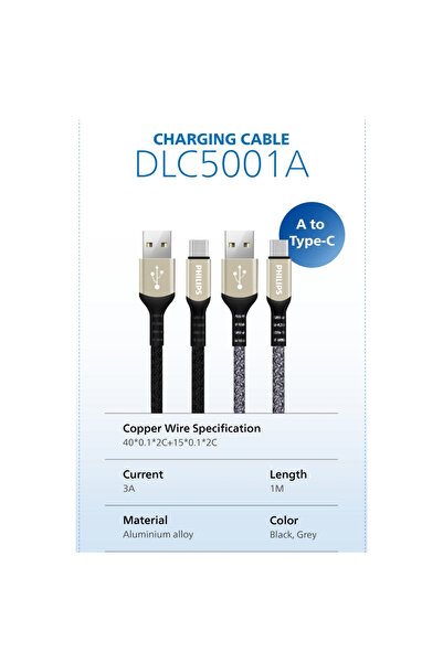 Philips USB-C Şarj ve Data Kablosu, Hızlı Şarj, 3A Yüksek Akım, 1 Metre, Dayanıklı Örgü Kablo,DLC5001A
