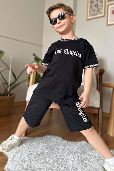 Riccotarz Boy's La Black Shorts Suit with Lettering on the Collar and Sleeve Tips