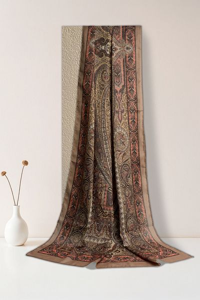 Sekine İpek Retro Ethnic Pattern Cotton Soft Shawl Milk Coffee