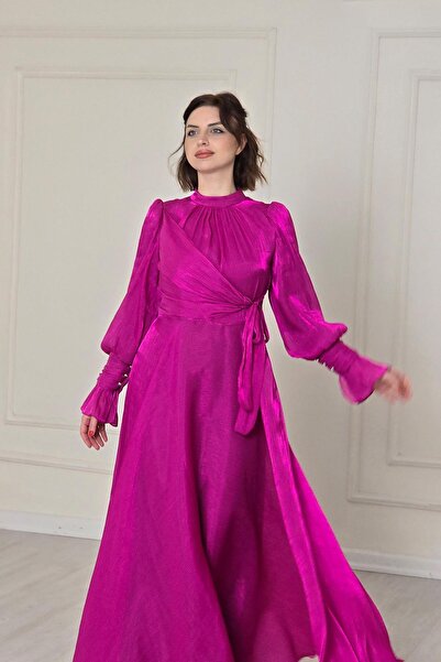 Yonca Moda Evi Fuşya Ön Detaylı Kollar Fırfırlı Abiye 4805