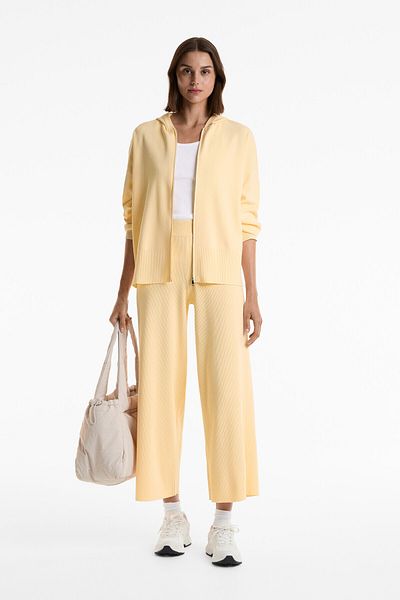 Oysho Long hooded knit jacket with rib detail
