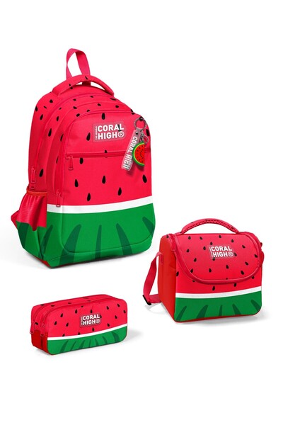 Coral High Kids Red Green Watermelon Patterned 3-Piece School Bag Set Set0114428