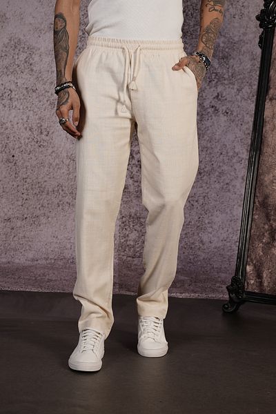 Butik TREND BIZ Παντελόνι με κανονική εφαρμογή από λινό ύφασμα Lycra με ελαστική μέση και κορδόνι