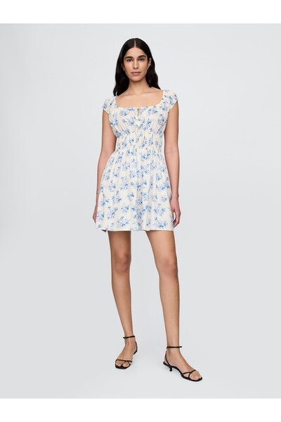GAP Kadın Çok Renkli Desenli Smocked Mini Elbise