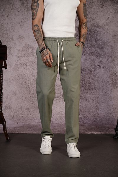 Butik TREND BIZ Παντελόνι με κανονική εφαρμογή από λινό ύφασμα Lycra με ελαστική μέση και κορδόνι
