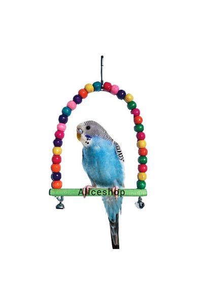 aliceshop Natural Wooden Beaded Swing with Bell for Budgies and Birds of Various Sizes
