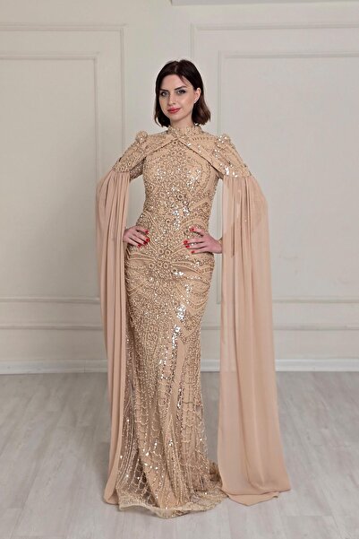 Yonca Moda Evi Gold Şifon Pelerin Detaylı T.Abiye 9011