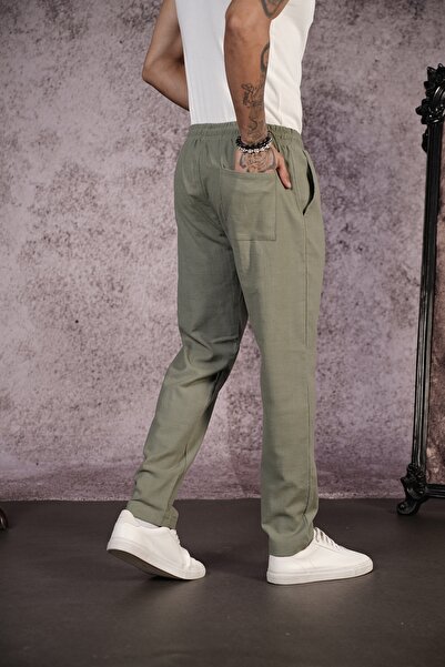 Butik Trend Biz Lycra Linen Fabric Regular Fit Trousers with Elastic Waist and Cord