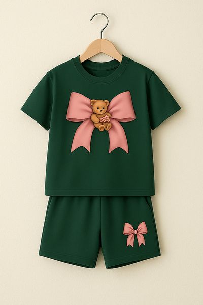 VBSVİBES Pink Bear Teddy Bear Ribbon Printed Children's Suit - Nefti Green Shorts T-Shirt Suit Printed Girl's Y