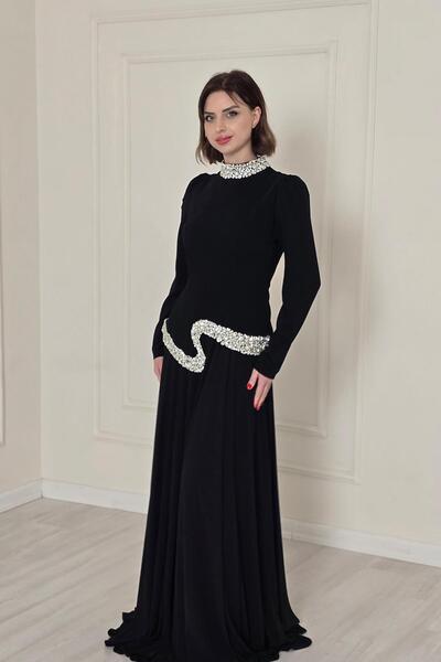 Yonca Moda Evi Siyah Şifon Etekli Abiye Elbise 4437
