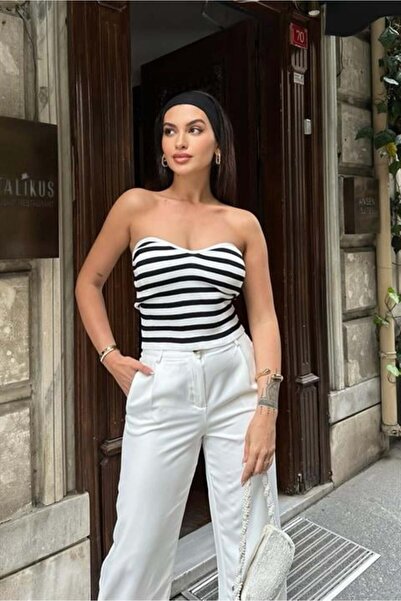 RICHMOST Mathilde Straplez Siyah Beyaz Çizgi Detaylı Standart Beden Kadın Cro...