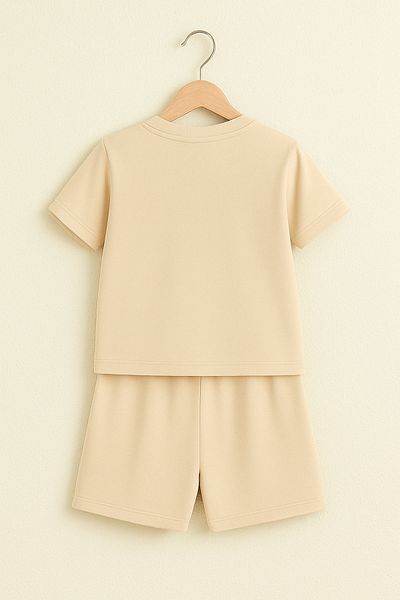 VBSVİBES Pink Bear Teddy Bear Ribbon Printed Children's Suit - Beige Shorts Beige T-Shirt Suit Printed Girl's Summer Suit