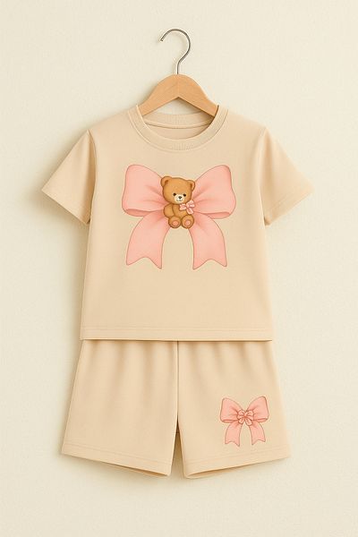 VBSVİBES Pink Bear Teddy Bear Ribbon Printed Children's Suit - Beige Shorts Beige T-Shirt Suit Printed Girl's Summer Suit