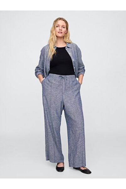 GAP Kadın Mavi Mid Rise Keten Karışımlı Pull-On Wide-Leg Pantolon