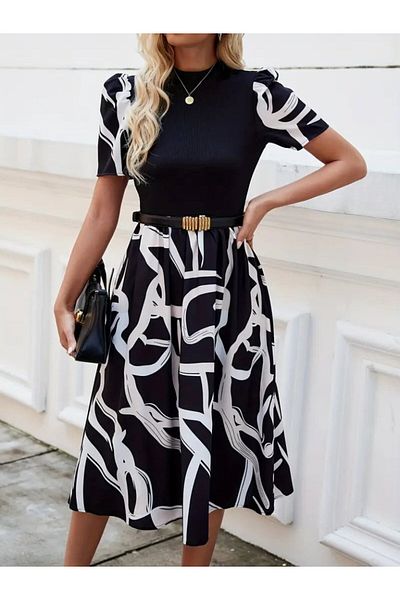 İpeksi Silky Women's Short Sleeve Semi Turtleneck Top Viscose Bottom Pattern Woven Midi Dress