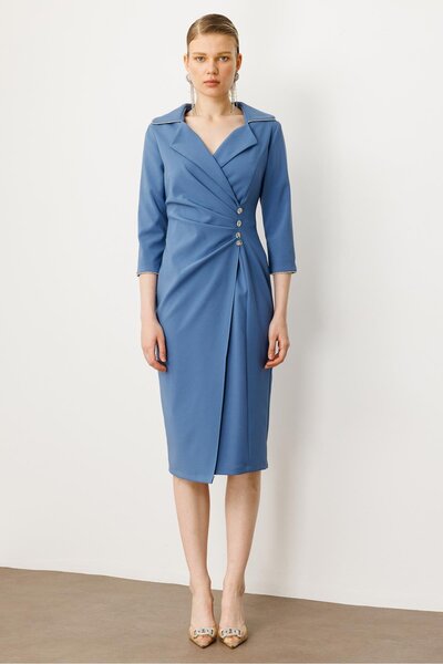 Moda İlgi Modailgi Belde Pile Detaylı Truvakar Kol Midi Boy Elbise Mavi