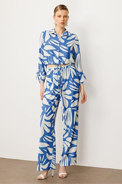 Moda İlgi Modailgi Πουκάμισο με λαβές και λεπτομέρεια δεμένη στο κάτω μέρος της φούστας με ελαστικό πάτο Indigo