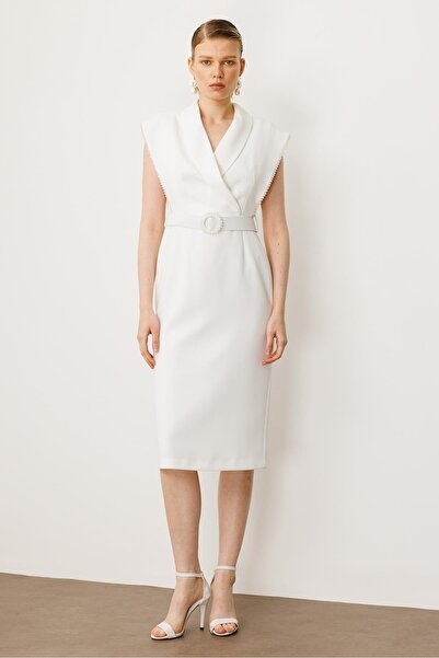 Moda İlgi Modailgi Rochie cu mărgele pe mâneci și accesorii detaliate Ecru