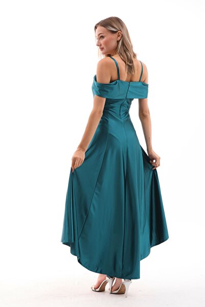 FARİKA Omuz Detaylı Asimetrik Maxi Yeşil Saten Rüya Abiye Elbise | Mezuniyet Düğün Davet Şık Gece