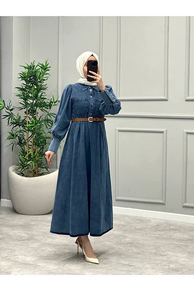 OlaLady Women's Sleeves Cuffed Leather Belt Hijab Denim Jeans Dress