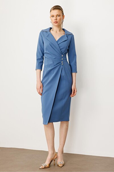 Moda İlgi Modailgi Belde Pile Detaylı Truvakar Kol Midi Boy Elbise Mavi