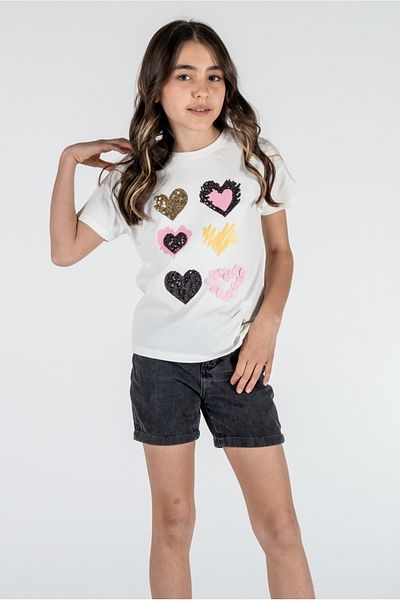 Kyron Tricou cu mânecă scurtă cu paiete, 100% bumbac, pentru fete, culoare albă, cu inimă / diferite culori