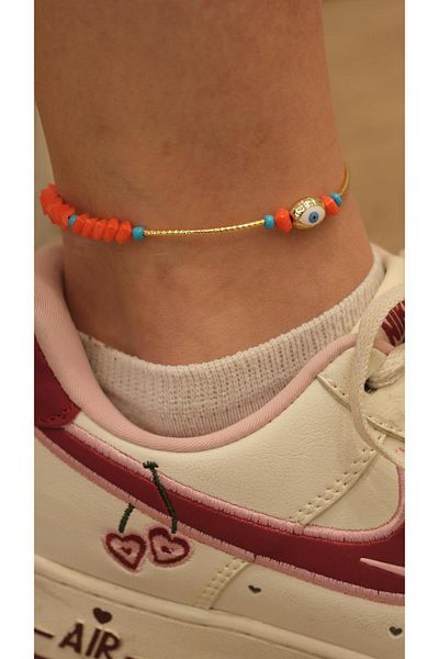 Jerie Gold Pipe Plate Evil Eye Bead Crystal Stone Anklet