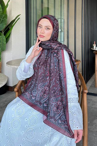 lamelif Retro Pattern Soft Shawl Dark Burgundy