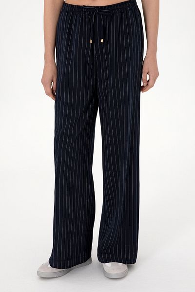 U.S. Polo Assn. Women's Navy Blue Striped Loose Relax Fit Canvas Trousers 50309105-Vr033