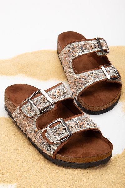 Reyonda ayakkabı Women's Natural Stone Tan Double Buckle Sea Stone Orthopedic Slippers