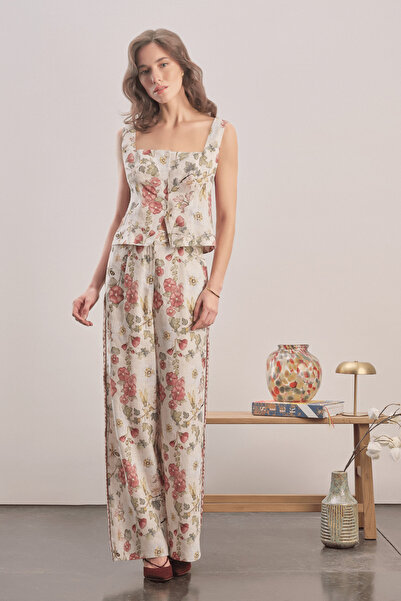 Mavlo Burgundy Floral Linen Trousers