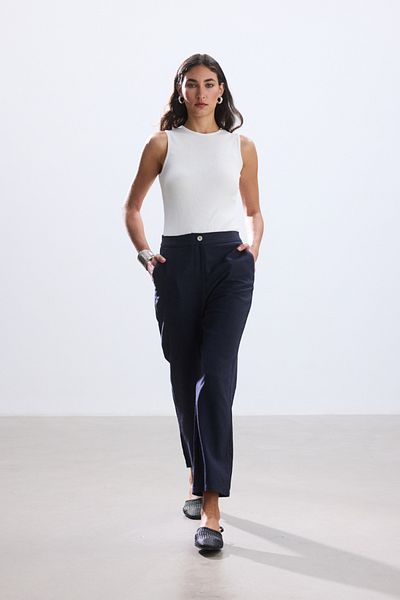 BE BLUE Dark Blue Short Straight Cotton Linen Pants