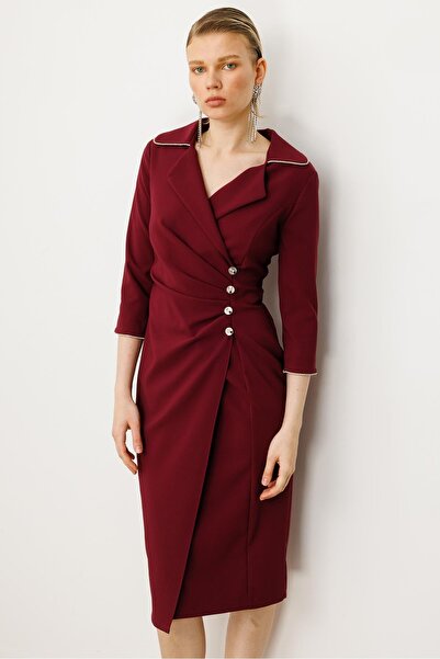 Moda İlgi Modailgi Belde Pile Detaylı Truvakar Kol Midi Boy Elbise Mürdüm