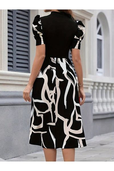İpeksi Silky Women's Short Sleeve Semi Turtleneck Top Viscose Bottom Pattern Woven Midi Dress