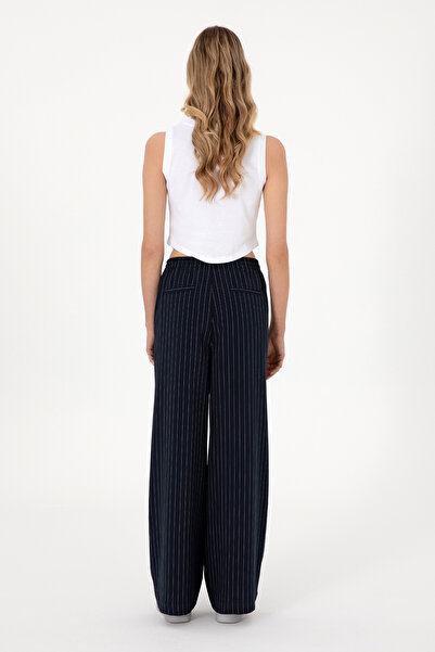 U.S. Polo Assn. Women's Navy Blue Striped Loose Relax Fit Canvas Trousers 50309105-Vr033