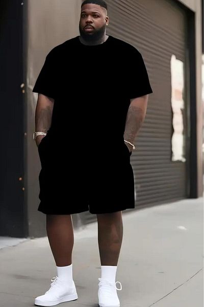 NO 601 Men's Black Solid T-Shirt Black Shorts Plus Size Oversize Set