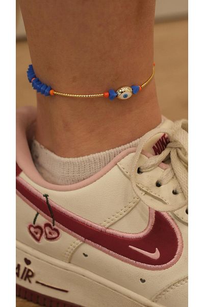 Jerie Gold Pipe Plate Evil Eye Bead Crystal Stone Anklet