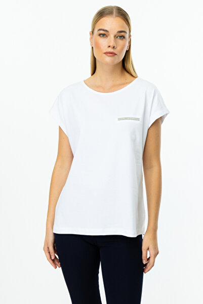 ON 51353 Onteks Short Sleeve O-Neck Bluz with Stone Detail on the Front