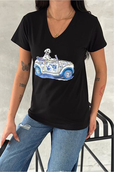 FEMELLE Tricou negru pentru femei, cu decolteu în V, cu paiete și broderie, 100% bumbac
