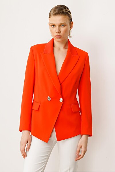 Moda İlgi Modailgi Yanları Metal Aksesuarlı Kruvaze Ceket Mercan
