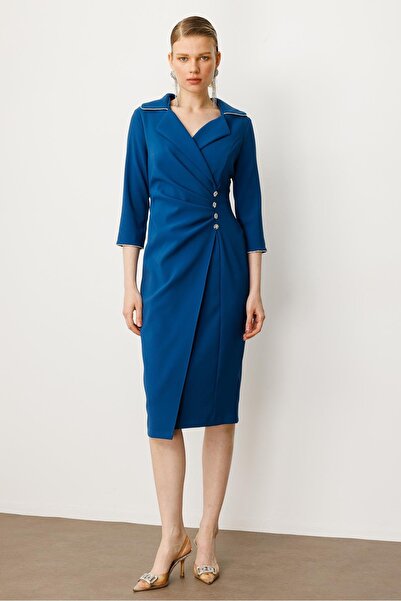 Moda İlgi Modailgi Belde Pile Detaylı Truvakar Kol Midi Boy Elbise Petrol Mavisi