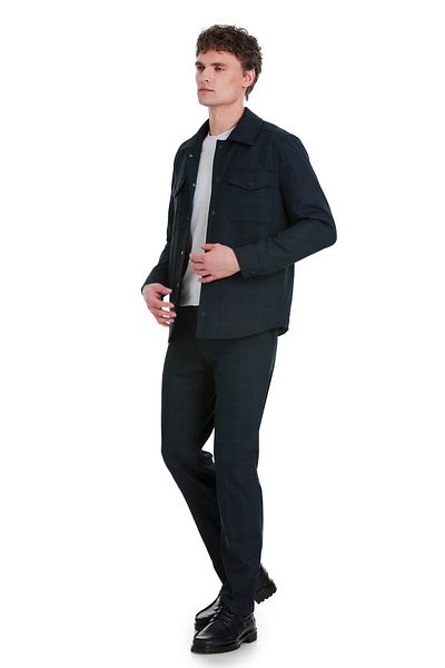 Hatemoğlu Navy Blue Slim Fit Checked Mono Collar Overshirt Set