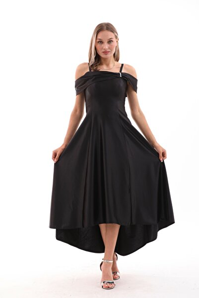 FARİKA Omuz Detaylı Asimetrik Maxi Siyah Saten Rüya Abiye Elbise | Özel Gün G...