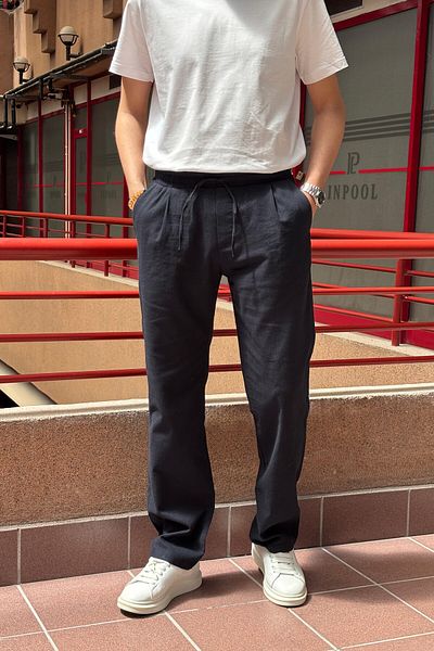 inpool Male, Elastic Waist, Wide Cut, Linen Webbing, Cotton, Pleated Pants 302