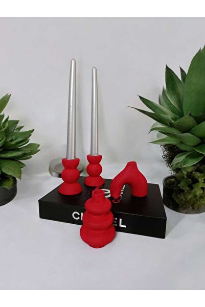 lambader Minimal İskandinav Biblo ve Şamdan Dekoratif Set Kırmızı